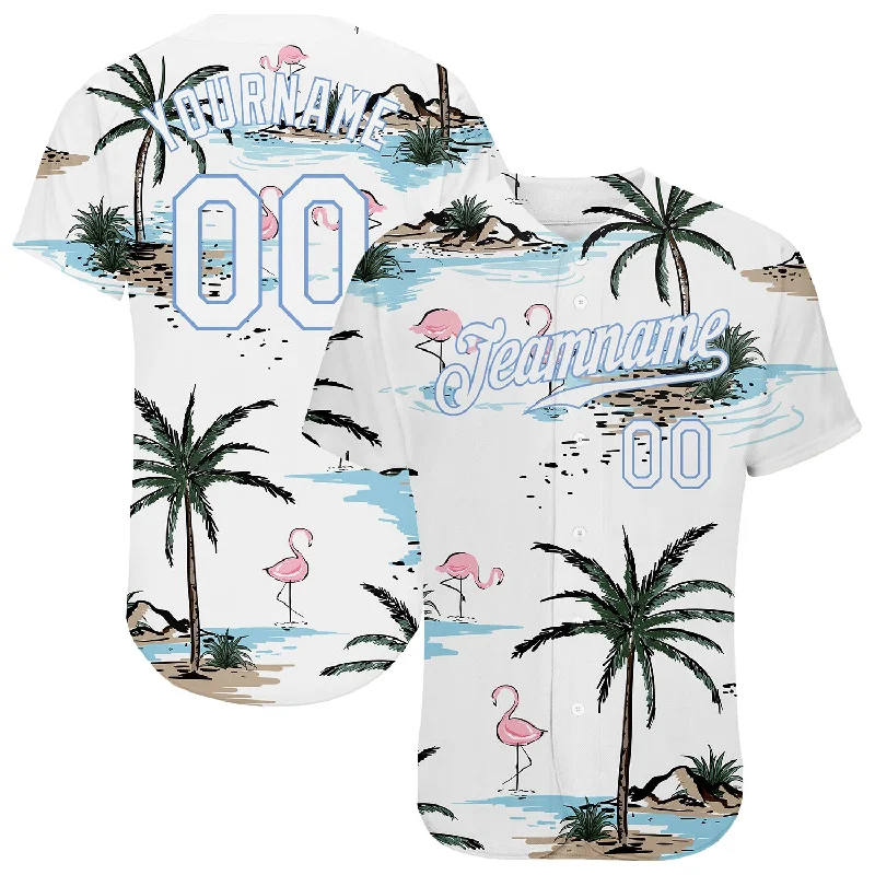 Cheap Baseball Jersey-Custom White White-Light Blue 3D Pattern Design Hawaii Palm Trees Authentic Baseball Jersey