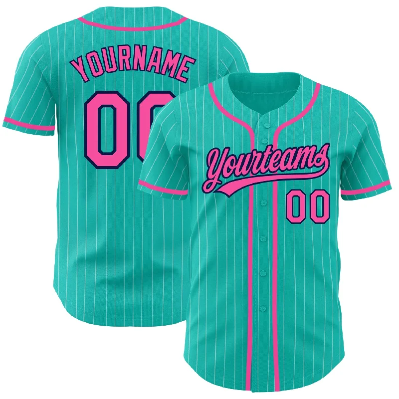 Baseball Jersey for Team-Custom Aqua White Pinstripe Pink-Navy Authentic Baseball Jersey