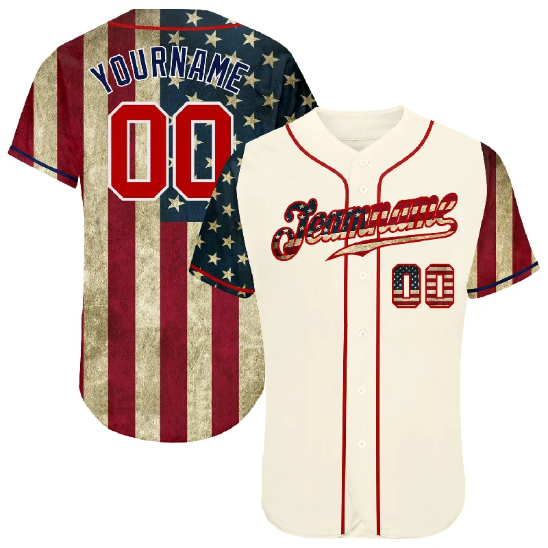 Baseball Jersey for Major League Fans-Custom Cream Red-Navy 3D American Flag Authentic Baseball Jersey