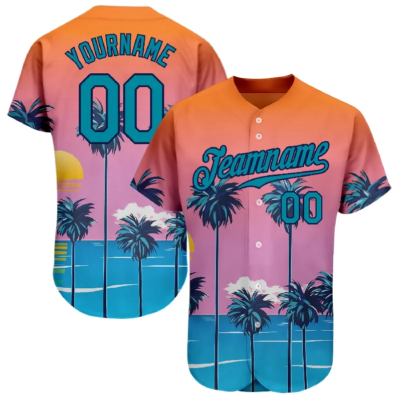 Baseball Jersey for Friends Groups-Custom Orange Teal-Navy 3D Pattern Design Sun Beach Hawaii Palm Trees Authentic Baseball Jersey