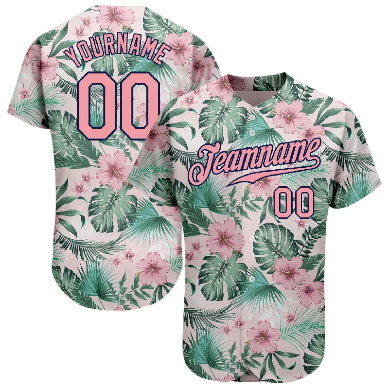 Baseball Jersey for Amateur League-Custom White Medium Pink-Navy 3D Pattern Design Hawaii Palm Leaves And Flowers Authentic Baseball Jersey