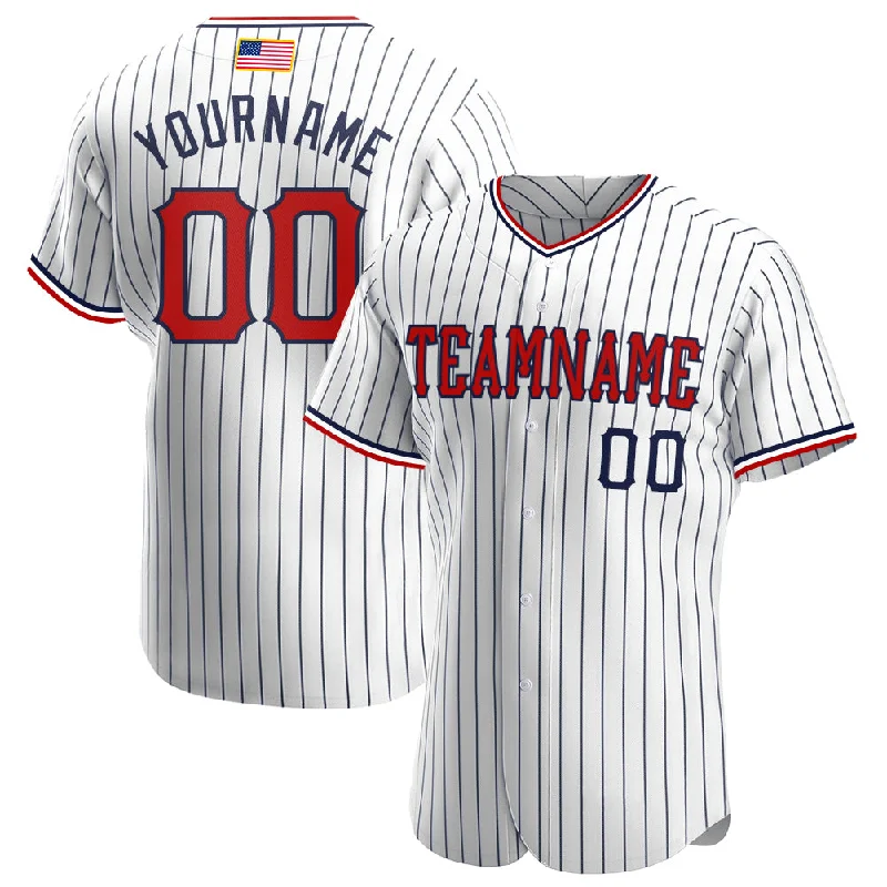 Baseball Jersey for Young Fans-Custom White Navy Pinstripe Red-Navy Authentic American Flag Fashion Baseball Jersey