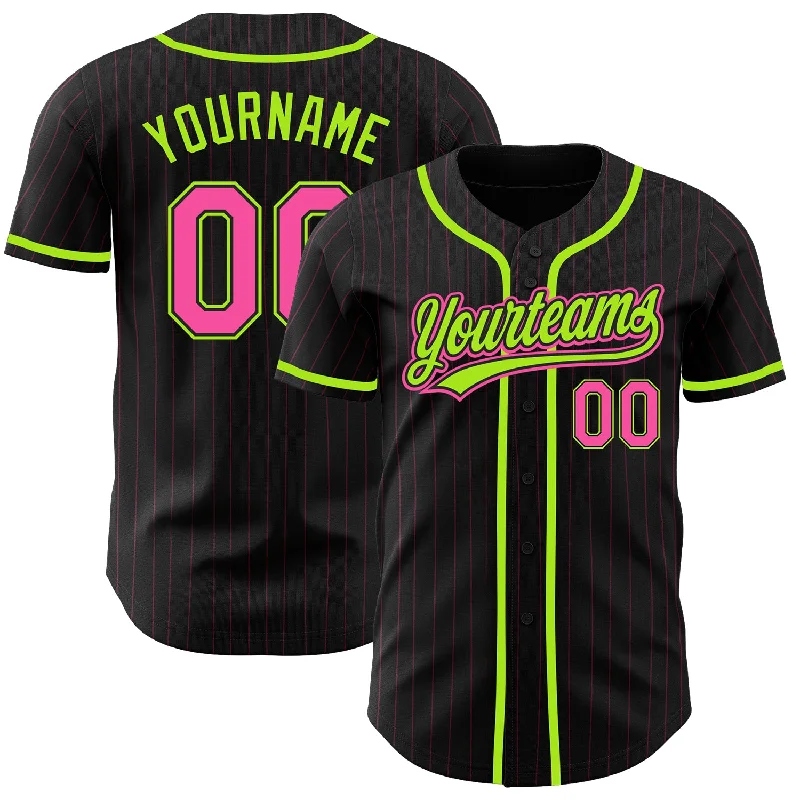 Baseball Jersey with Tight Fit-Custom Black Pink Pinstripe Pink-Neon Green Authentic Baseball Jersey