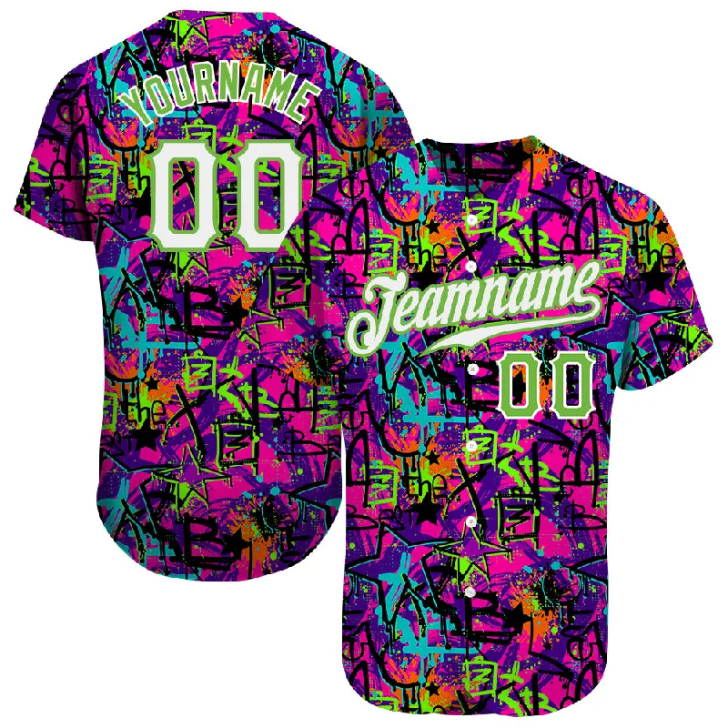 Baseball Jersey with Embroidered Name-Custom Graffiti Pattern White-Neon Green 3D Authentic Baseball Jersey