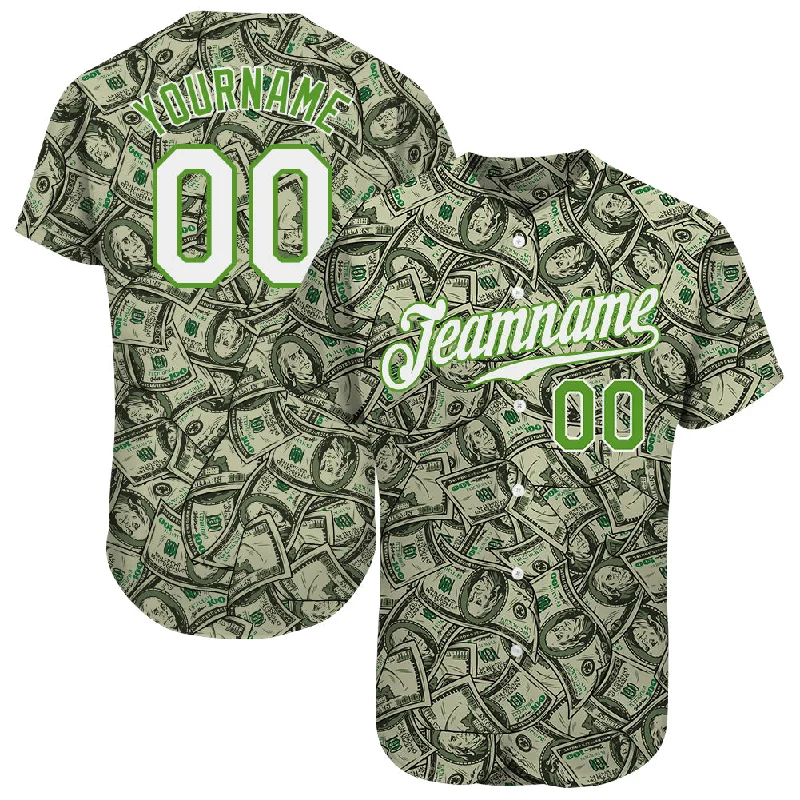 Baseball Jersey for Outdoor Games-Custom Green White-Neon Green 3D Pattern Design Dollar Authentic Baseball Jersey