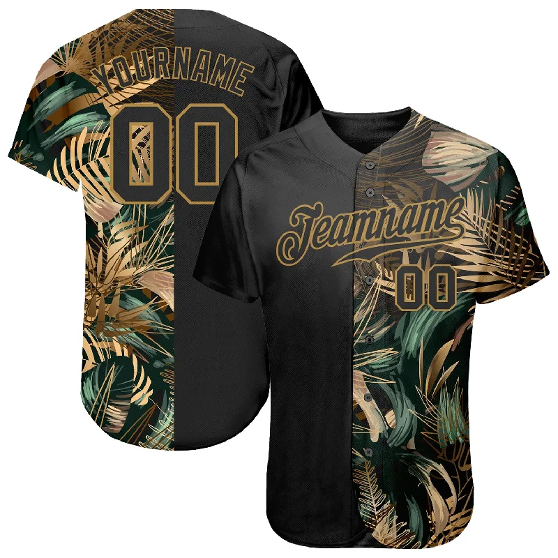 Personalized Baseball Jersey for Youth-Custom 3D Pattern Design Golden And Green Tropical Leaves In The Style Of Jungle And Hawaii Authentic Baseball Jersey