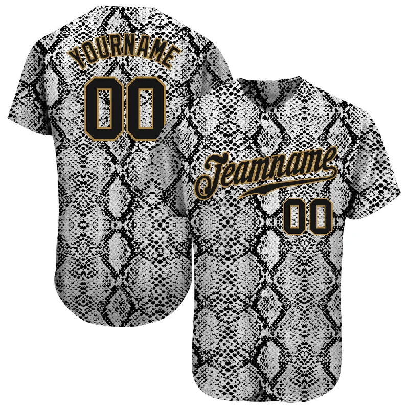 High Quality Baseball Jersey-Custom Black Snakeskin Black-Old Gold 3D Pattern Design Authentic Baseball Jersey