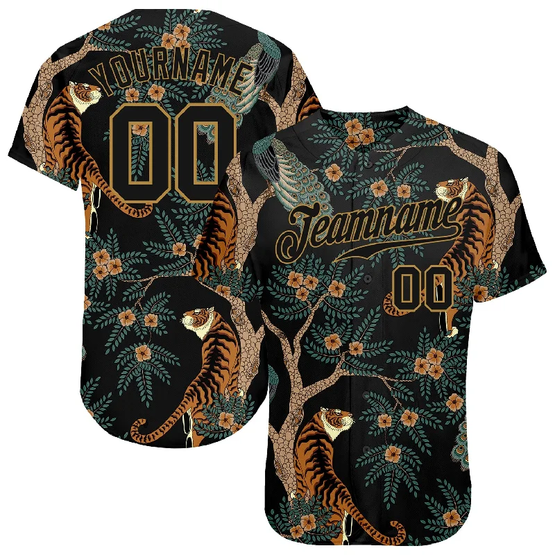 Cheap Baseball Jersey-Custom Black Black-Old Gold 3D Pattern Design Tiger And Peacock Authentic Baseball Jersey