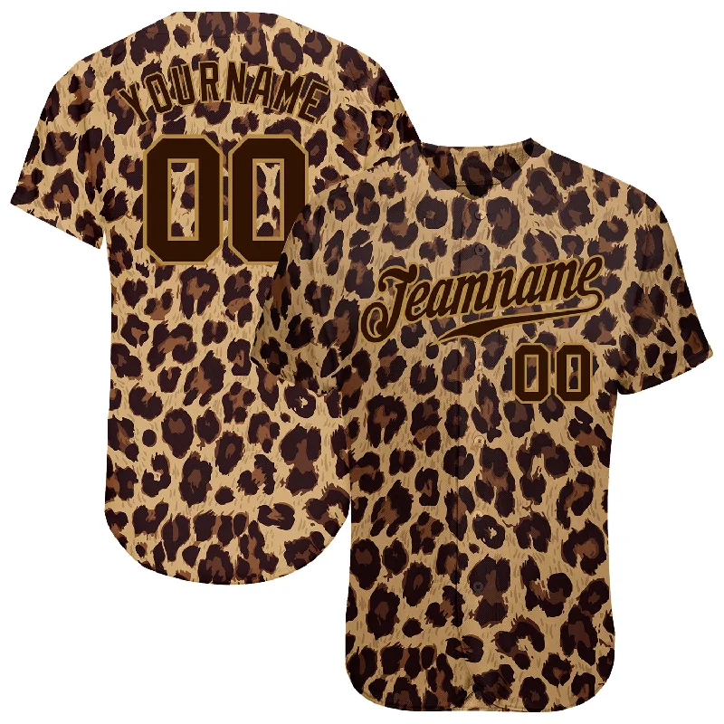 Baseball Jersey with Cool Design-Custom Brown Brown-Old Gold 3D Pattern Design Leopard Authentic Baseball Jersey