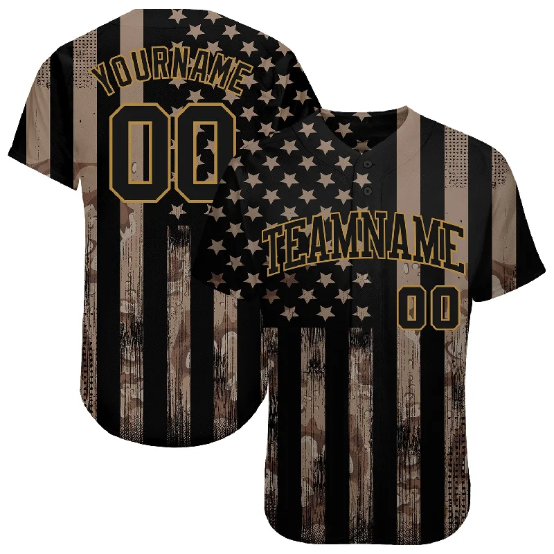 Baseball Jersey for Baseball Leagues-Custom Camo Black-Old Gold 3D Salute To Service American Flag Authentic Baseball Jersey