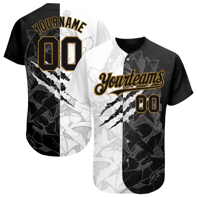 Baseball Jersey with Classic Fit-Custom Graffiti Pattern Black-Old Gold 3D Authentic Baseball Jersey