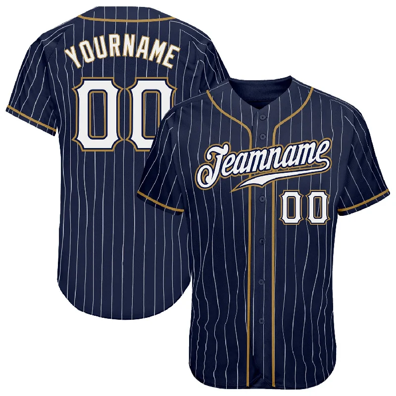 Baseball Jersey for Summer Leagues-Custom Navy White Pinstripe White-Old Gold Authentic Baseball Jersey