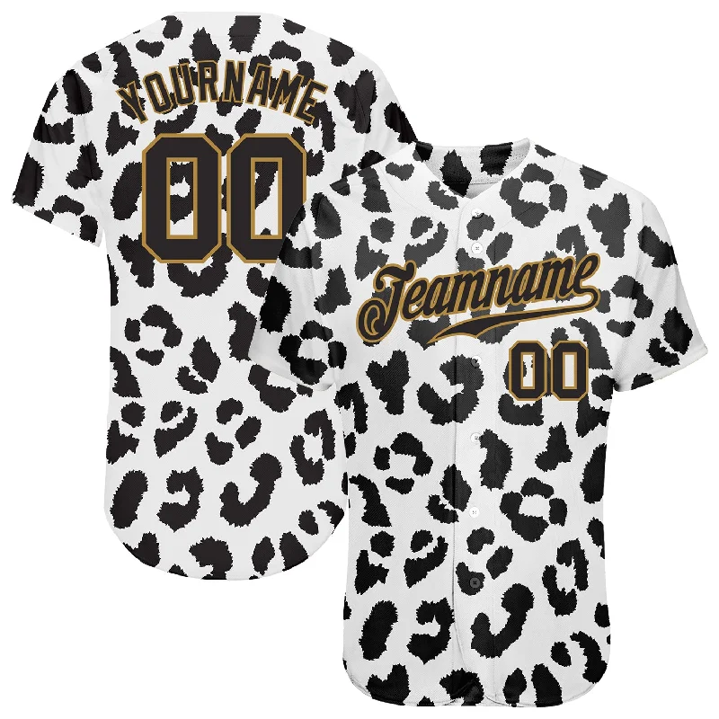 Baseball Jersey for League Players-Custom White Black-Old Gold 3D Pattern Design Leopard Authentic Baseball Jersey