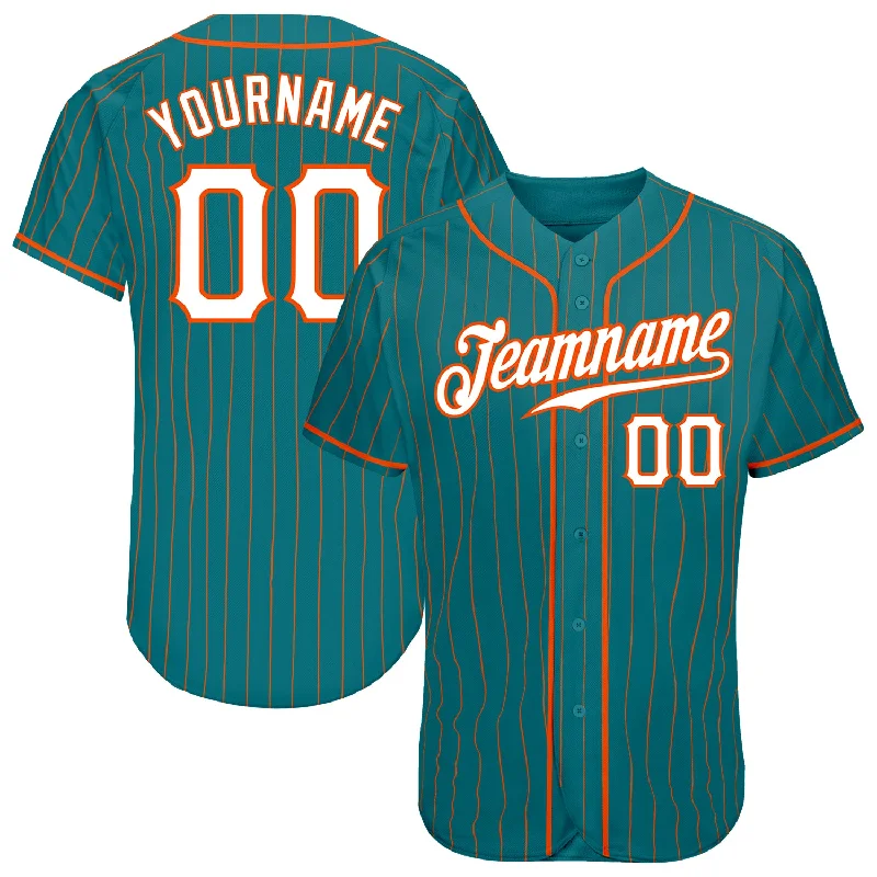 Baseball Jersey with Custom Emblems-Custom Teal Orange Pinstripe White-Orange Authentic Baseball Jersey