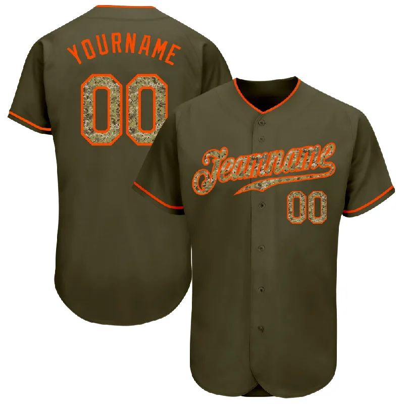 Baseball Jersey with Performance Fit-Custom Olive Camo-Orange Authentic Salute To Service Baseball Jersey