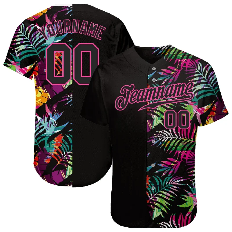 Personalized Baseball Jersey for Kids-Custom Black Black-Pink 3D Pattern Design Tropical Palm Leaves Authentic Baseball Jersey