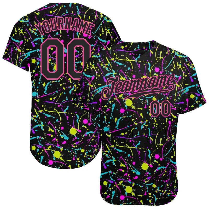 Baseball Jersey with Color Block-Custom Graffiti Pattern Black-Pink 3D Neon Splatter Authentic Baseball Jersey