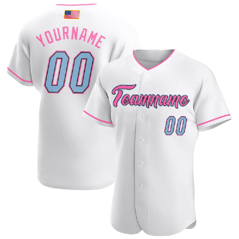 Personalized Baseball Jersey for Women-Custom White Light Blue-Pink Authentic American Flag Fashion Baseball Jersey