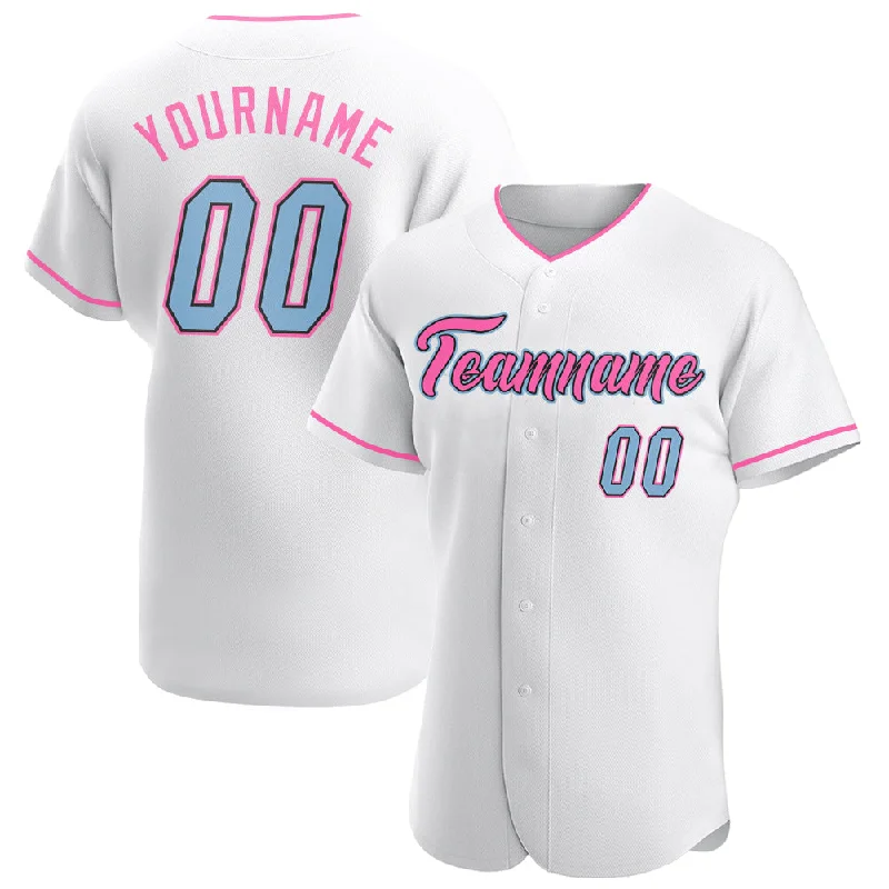 Personalized Baseball Jersey for Youth-Custom White Light Blue-Pink Authentic Baseball Jersey