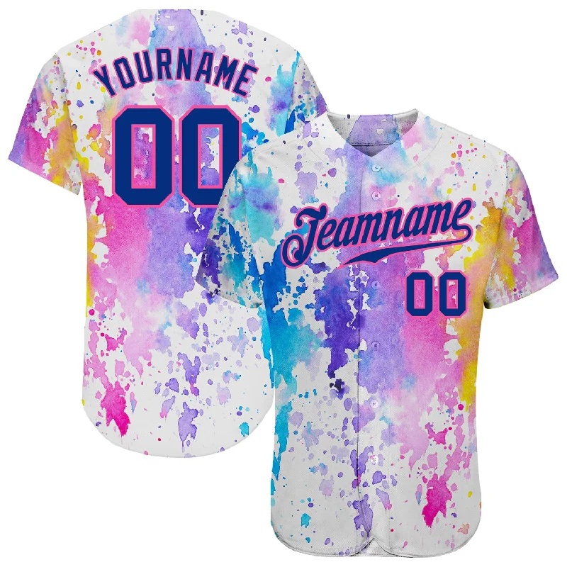 Custom Baseball Jersey with Club Logo-Custom White Royal-Pink 3D Pattern Design Watercolor Authentic Baseball Jersey