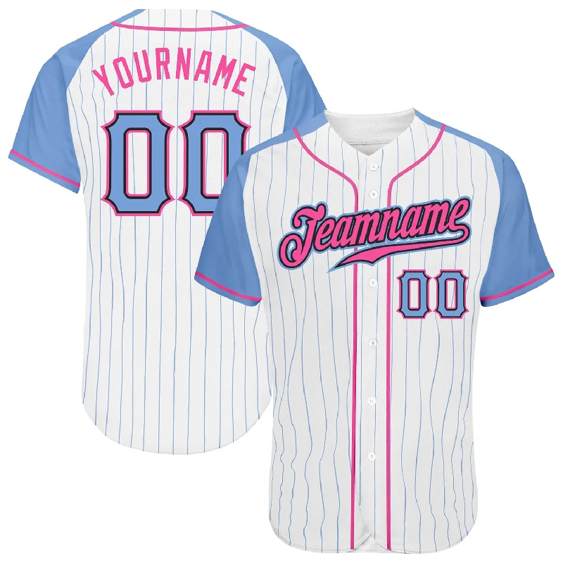 Baseball Jersey for Family Teams-Custom White Light Blue Pinstripe Light Blue-Pink Authentic Raglan Sleeves Baseball Jersey