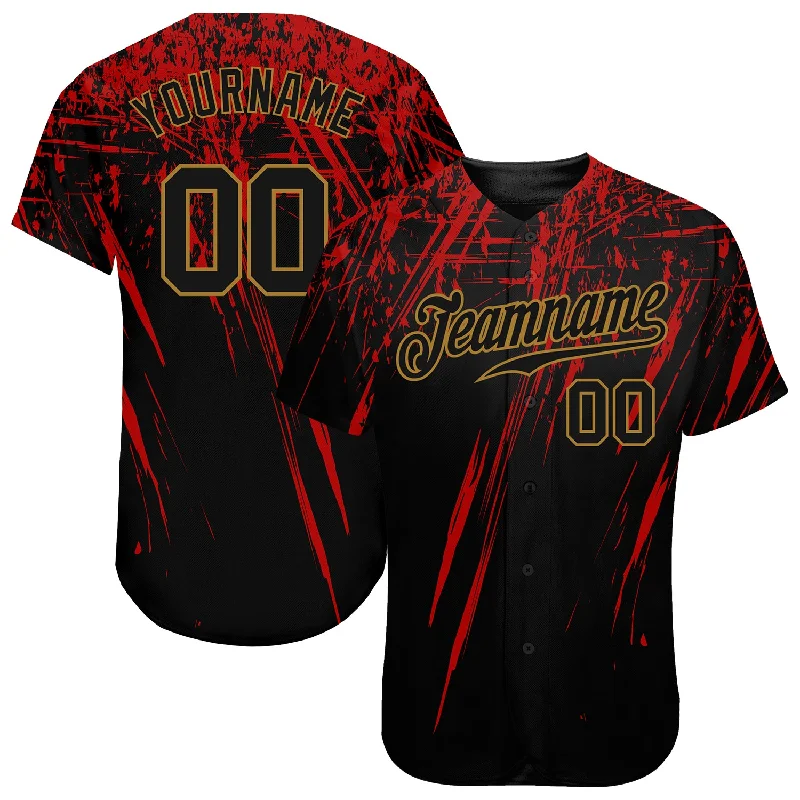 Baseball Jersey for Fundraising Events-Custom Black Black Red-Old Gold 3D Pattern Design Authentic Baseball Jersey