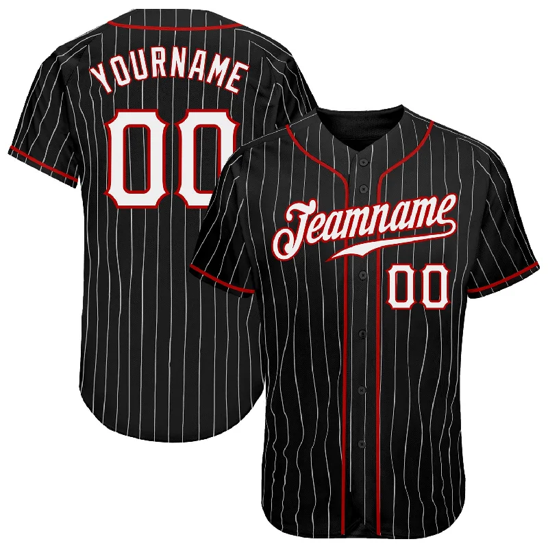 Baseball Jersey with Cool Technology-Custom Black White Pinstripe White-Red Authentic Baseball Jersey