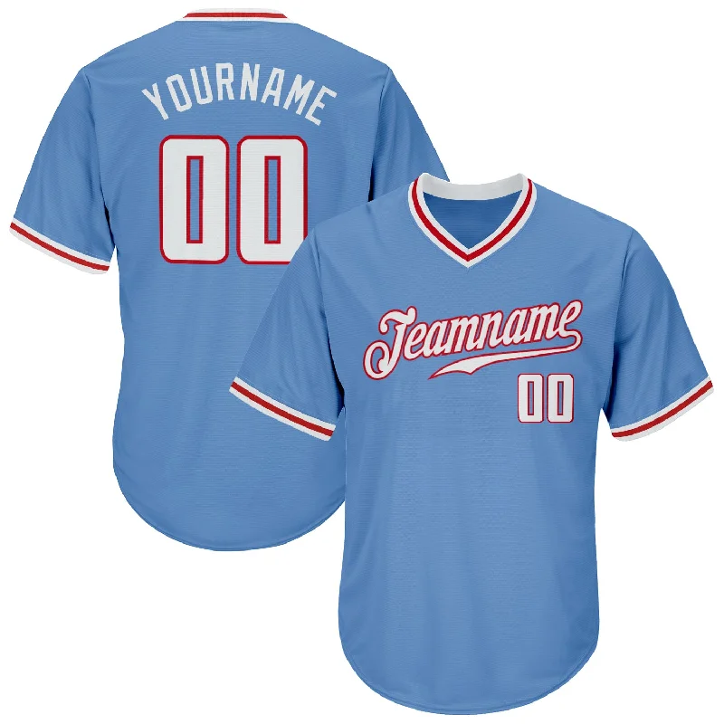 Personalized Baseball Jersey-Custom Light Blue White-Red Authentic Throwback Rib-Knit Baseball Jersey Shirt