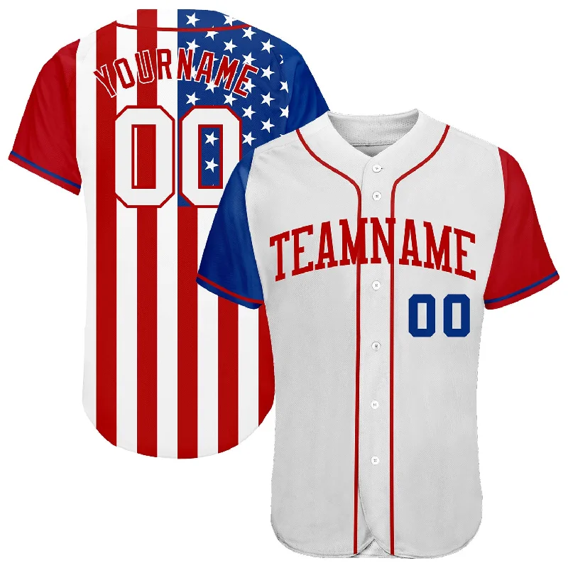 Personalized Baseball Jersey for Youth-Custom White White-Red 3D American Flag Authentic Baseball Jersey