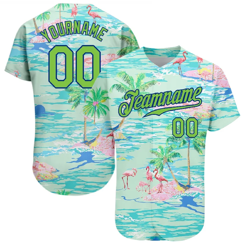 Baseball Jersey with Snap Button-Custom Lakes Blue Neon Green-Royal 3D Pattern Design Beach Hawaii Palm Trees And Flamingo Authentic Baseball Jersey