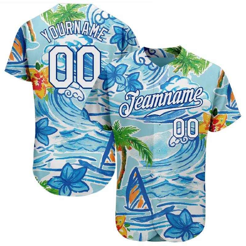 Custom Baseball Jersey with Club Logo-Custom White Royal 3D Pattern Design Beach Hawaii Palm Trees And Flowers Authentic Baseball Jersey