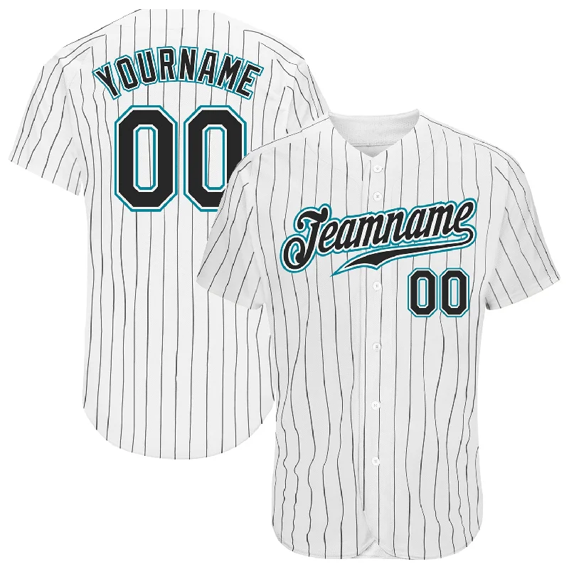 Personalized Baseball Jersey for Teams-Custom White Black Pinstripe Black-Teal Authentic Baseball Jersey