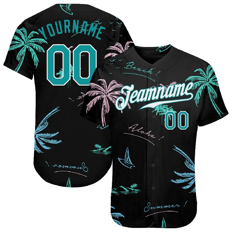 Baseball Jersey for Amateur League-Custom Black Teal-White 3D Pattern Design Hawaii Palm Trees Authentic Baseball Jersey