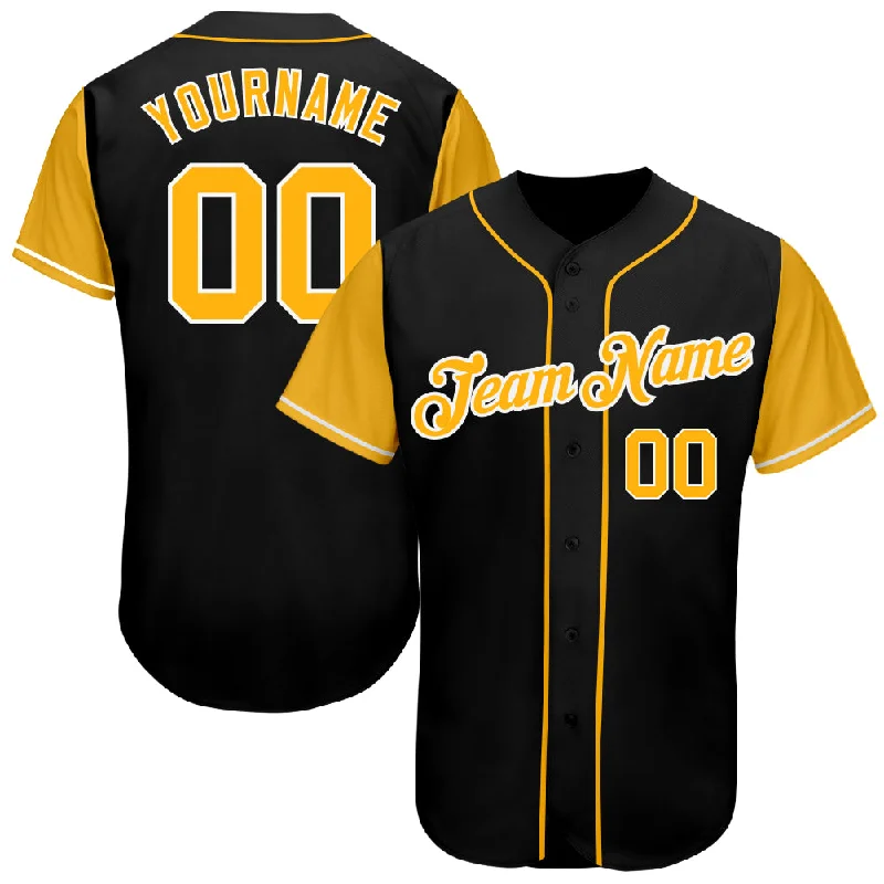 Baseball Jersey with Snap Button-Custom Black Gold-White Authentic Two Tone Baseball Jersey