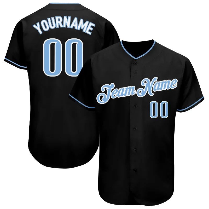 Baseball Jersey with Button Closure-Custom Black Light Blue-White Authentic Baseball Jersey