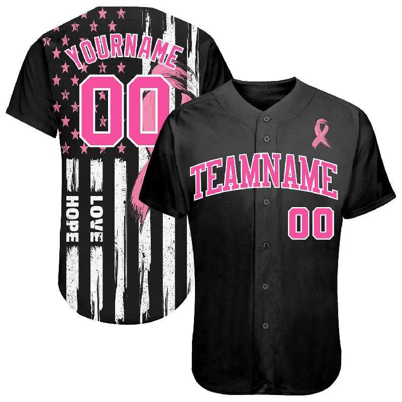 Baseball Jersey for Local Teams-Custom 3D American Flag With Pink Ribbon Breast Cancer Awareness Month Women Health Care Support Authentic Baseball Jersey