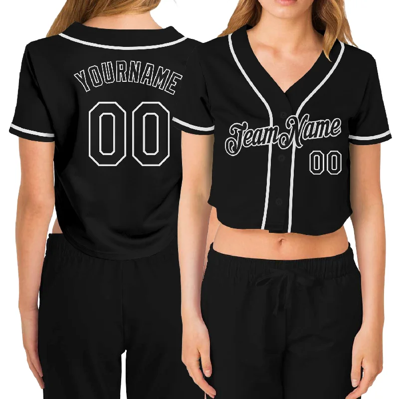 Customizable Baseball Jersey-Custom Women's Black Black-White V-Neck Cropped Baseball Jersey