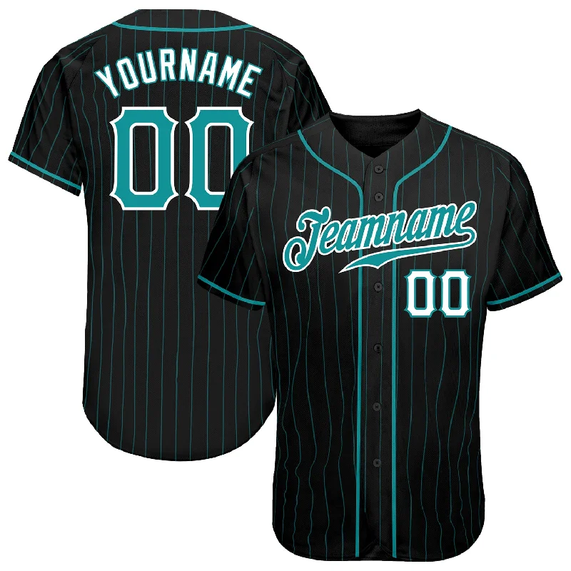 Baseball Jersey for High School Baseball-Custom Black Aqua Pinstripe Teal-White Authentic Baseball Jersey