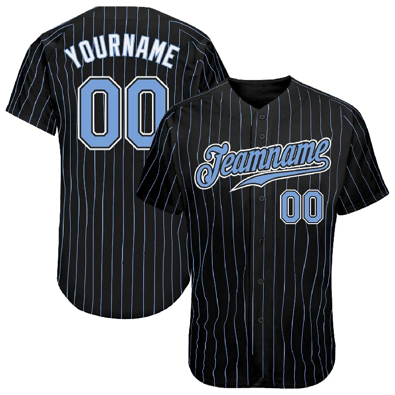 Baseball Jersey with Team Banner-Custom Black Light Blue Pinstripe Light Blue-White Authentic Baseball Jersey