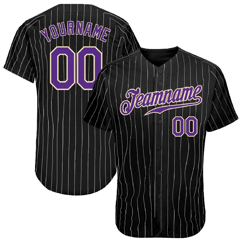 Custom Baseball Jersey with Patches-Custom Black White Pinstripe Purple-White Authentic Baseball Jersey