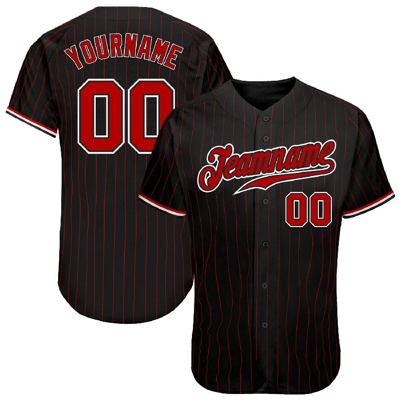 Baseball Jersey with Button Front-Custom Black Red Pinstripe Red-White Authentic Baseball Jersey