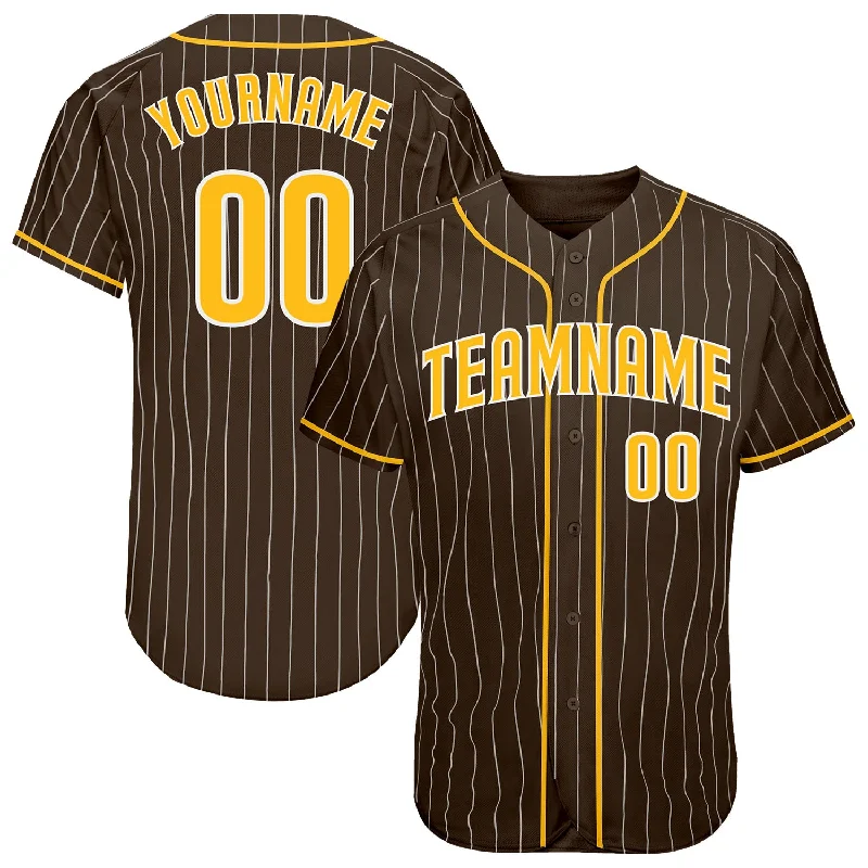 Embroidered Baseball Jersey-Custom Brown White Pinstripe Gold-White Authentic Baseball Jersey