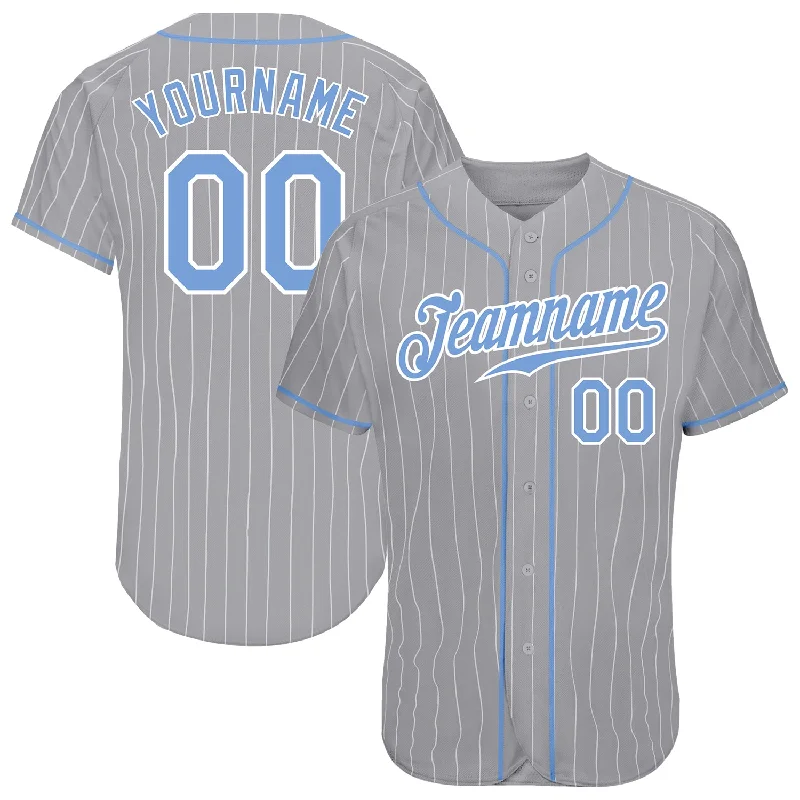 Baseball Jersey for Away Uniforms-Custom Gray White Pinstripe Light Blue-White Authentic Baseball Jersey