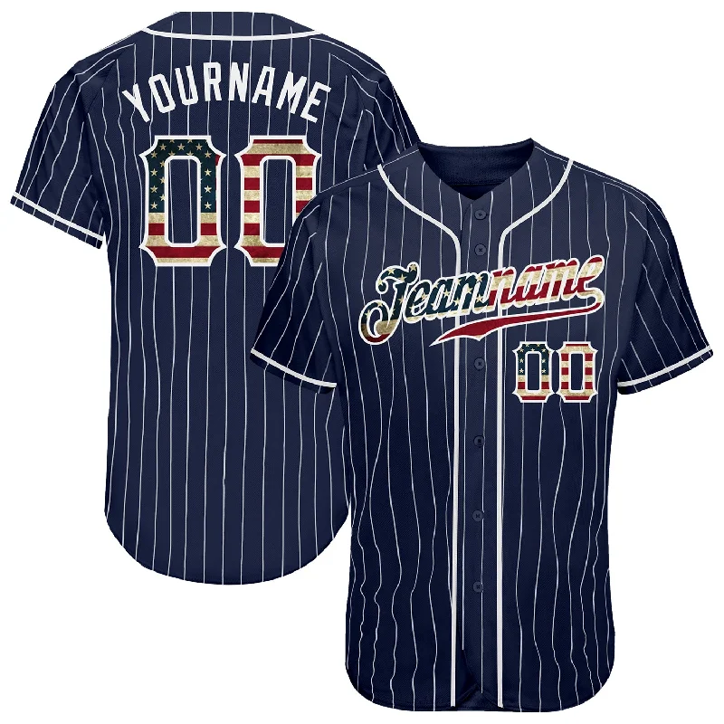 Baseball Jersey with Adjustable Fit-Custom Navy White Pinstripe Vintage USA Flag-White Authentic Baseball Jersey