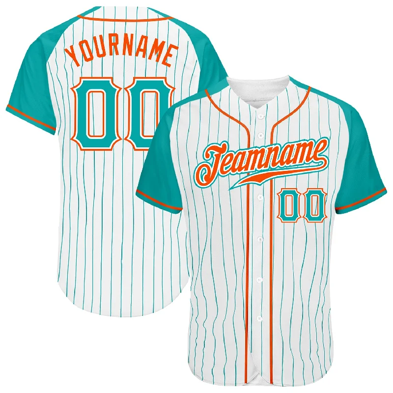 Baseball Jersey with Team Name Embroidery-Custom White Aqua Pinstripe Aqua-Orange Authentic Raglan Sleeves Baseball Jersey