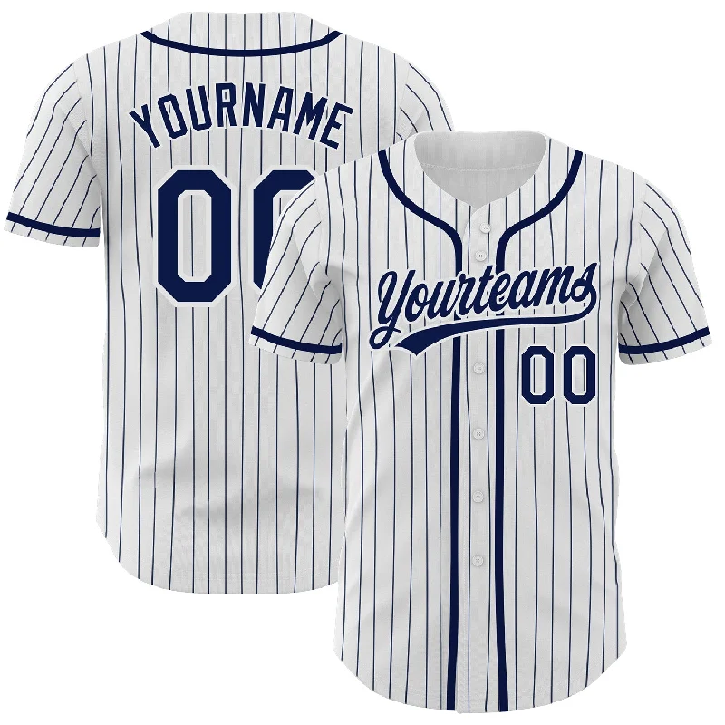 Baseball Jersey with Flag Design-Custom White Navy Pinstripe Navy Authentic Baseball Jersey