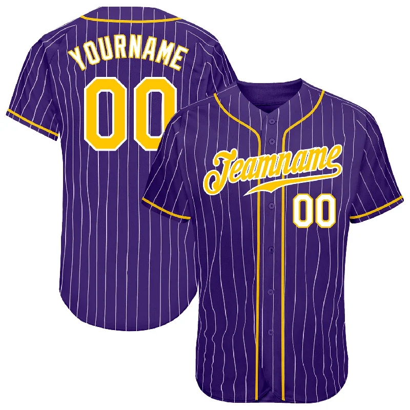 Baseball Jersey for Family Games-Custom Purple White Pinstripe Gold-White Authentic Baseball Jersey