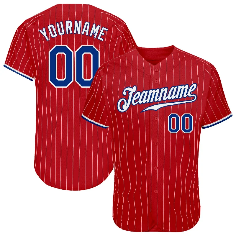 Baseball Jersey with V Neck-Custom Red White Pinstripe Royal-White Authentic Baseball Jersey