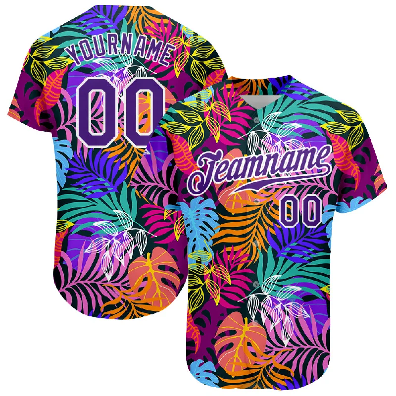 Custom Baseball Jersey with Team Name-Custom White Purple-White 3D Pattern Design Hawaii Palm Trees Authentic Baseball Jersey