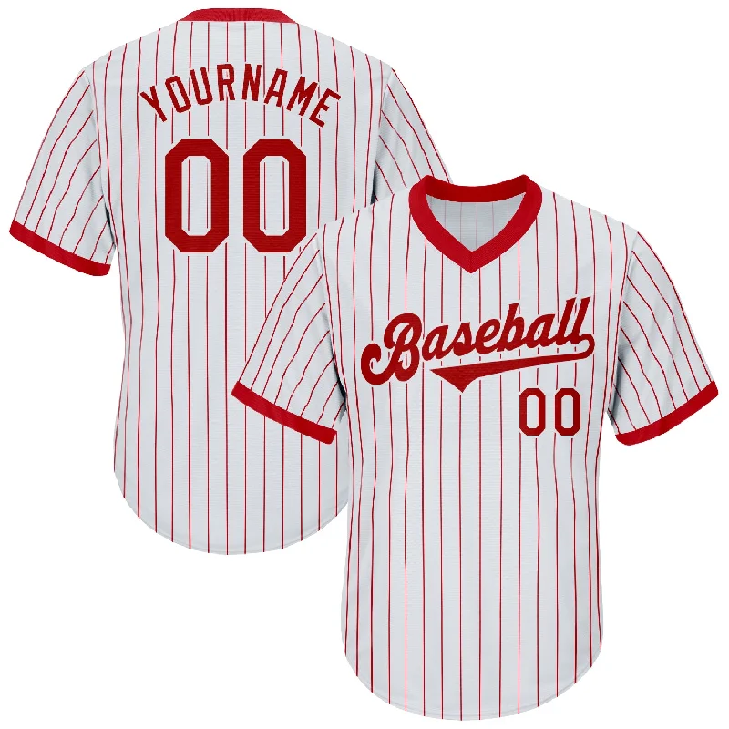 Baseball Jersey with Stretchable Fabric-Custom White Red Pinstripe Red-White Authentic Throwback Rib-Knit Baseball Jersey Shirt